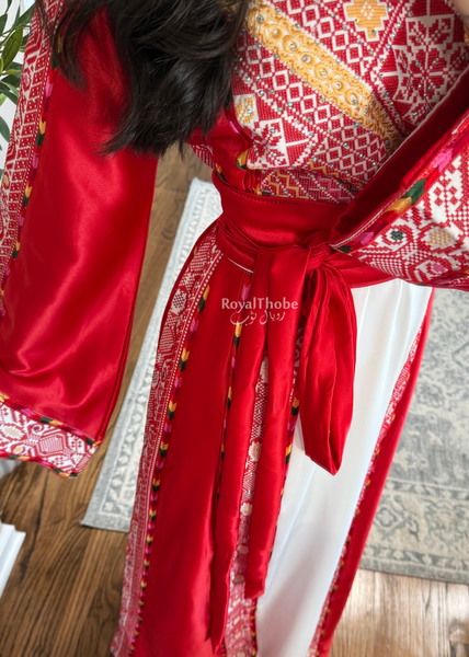 White/ Red Satin Classic Full Embroidered Thobe