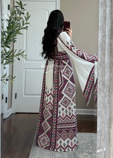 White/Purple Dimond Long Full Embroidered Thobe