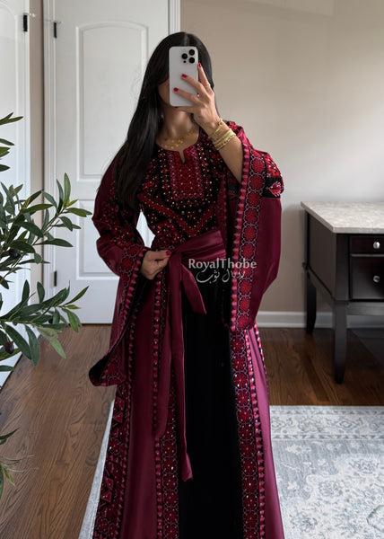 Black/Burgundy Long Full Embroidered Thobe