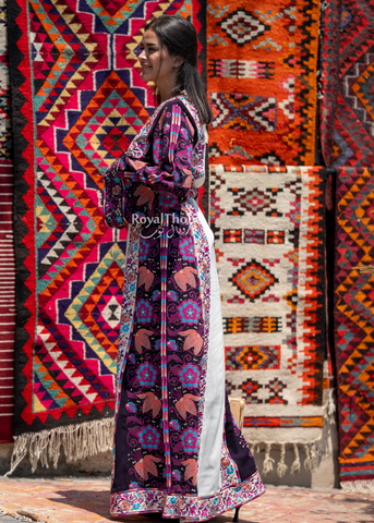 White/Purple Wardeh Long Full Embroidered Thobe