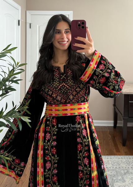 Velvet Black Floral Manajel Long Fully Embroidered Thobe