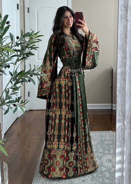 Olive Green Satin & Black Velvet Maleka Fully Embroidered Thobe