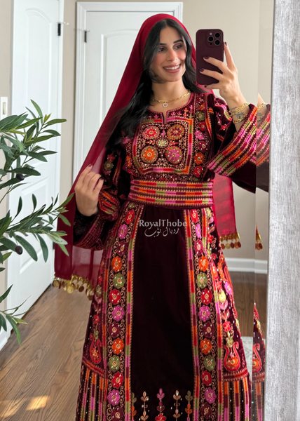 Velvet Burgundy Maleka Floral Long Fully Embroidered Thobe