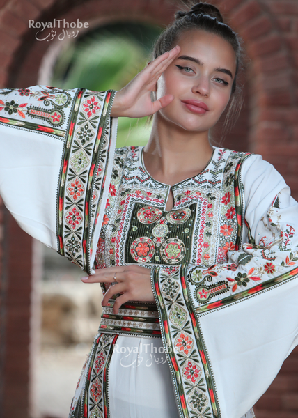 New White/Green Flower Maleka Long Full Embroidered Thobe