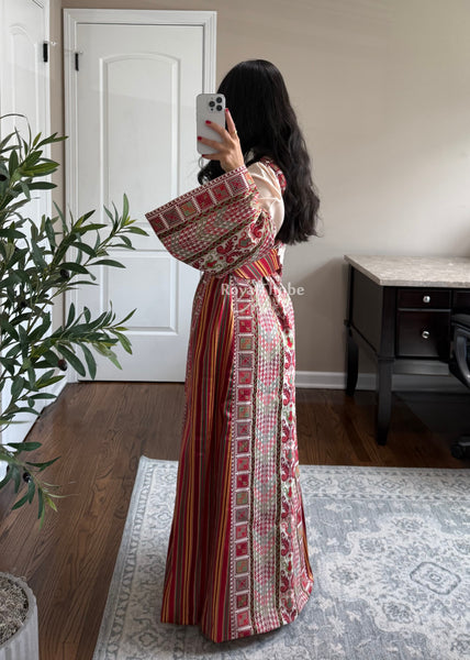 Beige/ Cream Saya Vintage Straight Cut Full Embroidered Thobe
