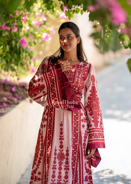 Pink Floral Maleka Long Full Embroidered Thobe.