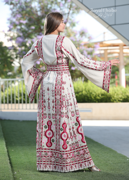 Beige/Burgundy Flower Maleka Long Full Embroidered Thobe