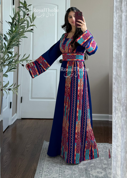 Royal Blue Modern Square Neck Long Full Embroidered Thobe