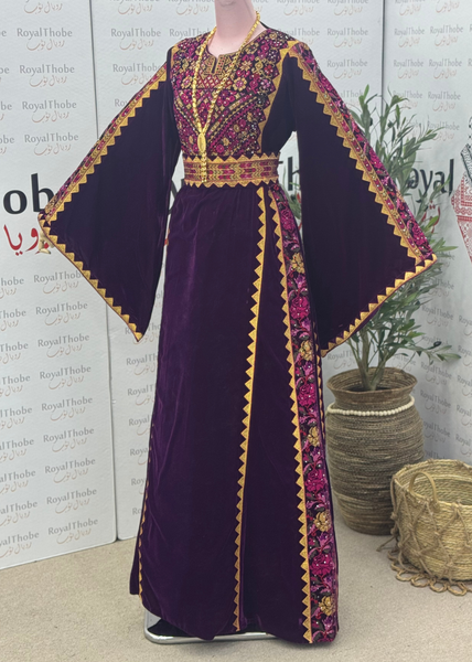 Velvet Dark Burgundy/ Purple Simple Floral Long Embroidered Thobe/Dress