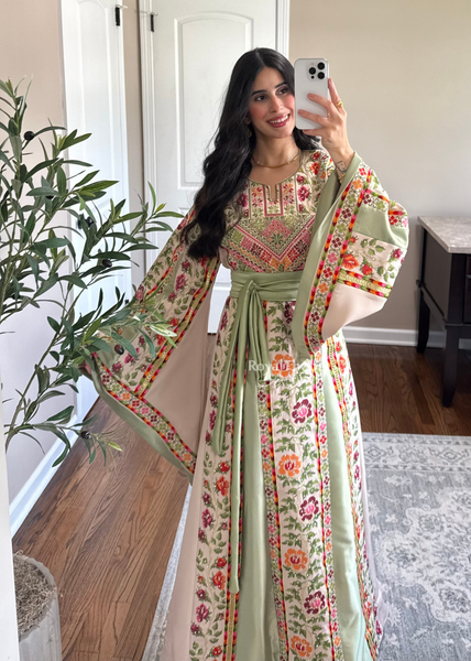 Beige/Sage Floral Long Full Embroidered Thobe