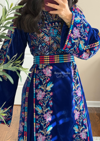 Velvet Royal Blue Floral Long Fully Embroidered Thobe