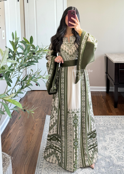Beige/ Olive Green Malekah Full Embroidered Thobe