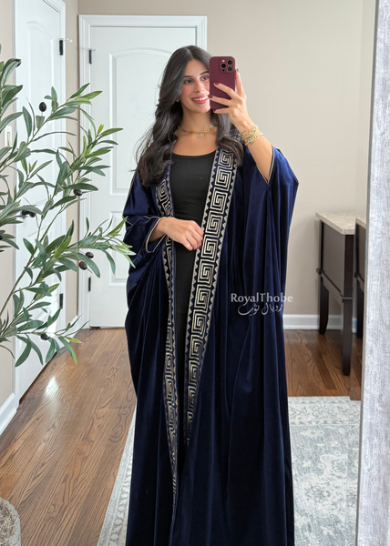 Navy Blue Velvet Kasab Gold Squares Bisht  -Free Size