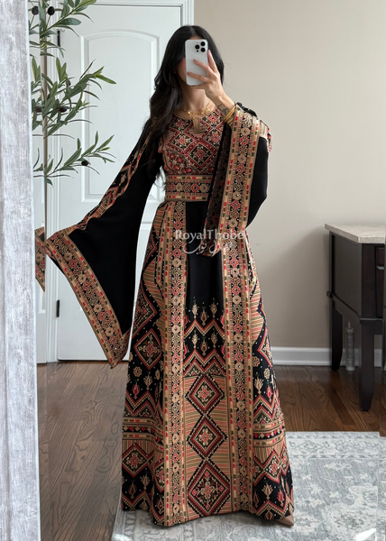 Black//Gold Dimond Long Full Embroidered Linen Fabric Thobe
