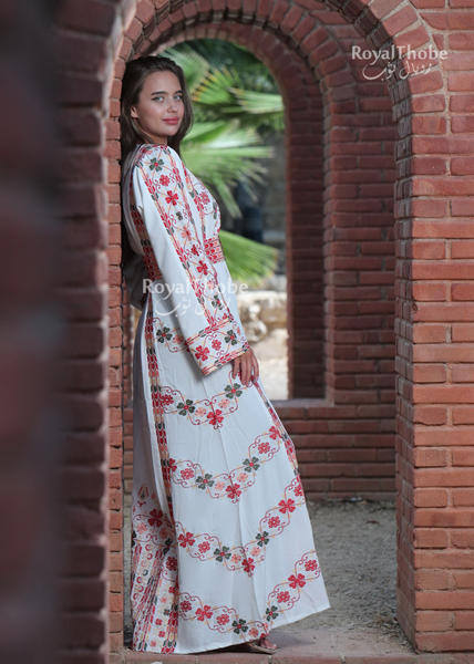 White/Red Simple Flower Long Full Embroidered Thobe