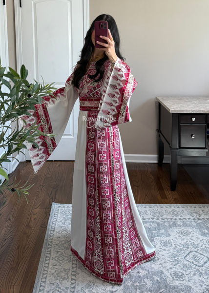 White/ Pinkish Maroon Simple Full Embroidered Thobe