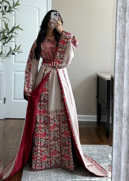 Bridal Beige/Burgundy Warda Full Embroidered Thobe