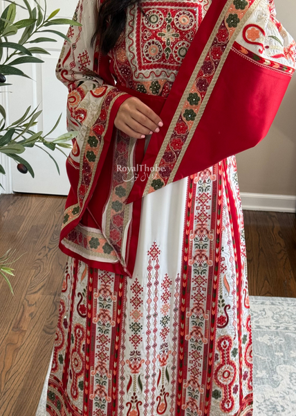 White/ Red Satin Maleka Kasab Full Embroidered Thobe