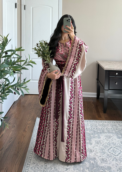 Beige/ Burgundy Zaytona Branches Full Embroidered Thobe