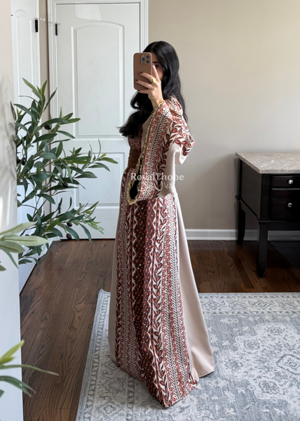 Beige/ Brown Zaytona Branches Full Embroidered Thobe