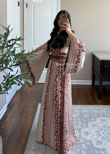Beige/ Brown Zaytona Branches Full Embroidered Thobe