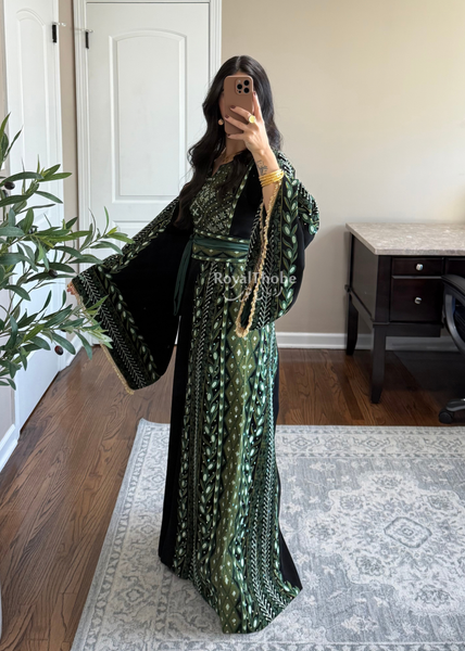 Black/ Olive Green Zaytona Branches Full Embroidered Thobe