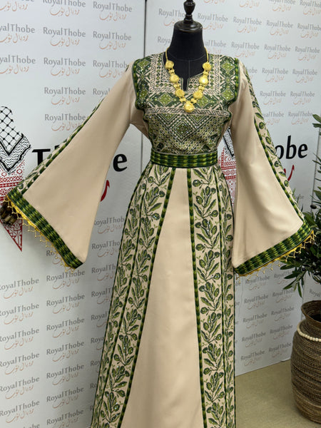 Beige & Olive Green Zaytona Long Full Embroidered Thobe