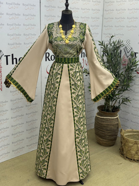 Beige & Olive Green Zaytona Long Full Embroidered Thobe