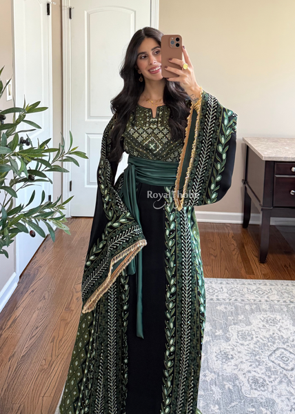 Black/ Olive Green Zaytona Branches Full Embroidered Thobe