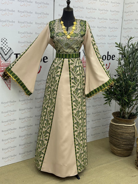 Beige & Olive Green Zaytona Long Full Embroidered Thobe
