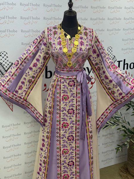 Beige / Lavender Floral Long Full Embroidered Thobe