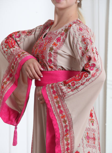 Beige/Pink Flower Maleka Long Full Embroidered Thobe With Reversible Pink Suede Belt