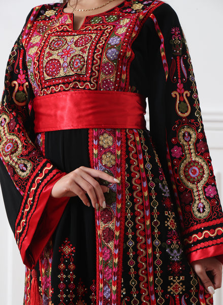 Black/Red Malak Kasab Full Embroidered Thobe With Reversible Red Satin Belt