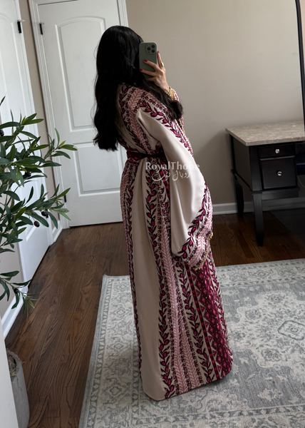 Beige/ Burgundy Zaytona Branches Full Embroidered Thobe