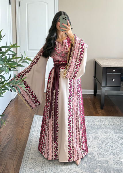 Beige/ Burgundy Zaytona Branches Full Embroidered Thobe