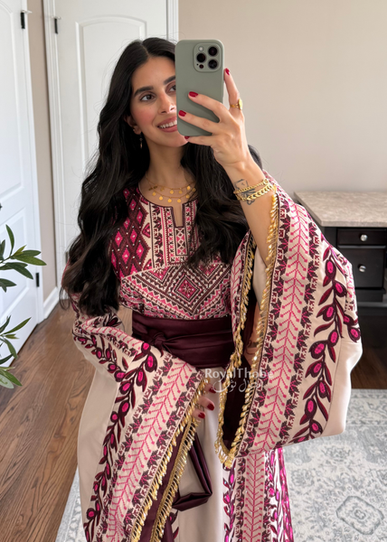 Beige/ Burgundy Zaytona Branches Full Embroidered Thobe