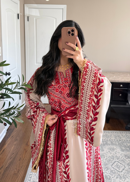 Beige/ Burgundy Zaytona Branches Full Embroidered Thobe