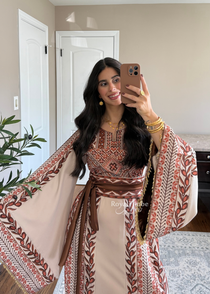 Beige/ Brown Zaytona Branches Full Embroidered Thobe