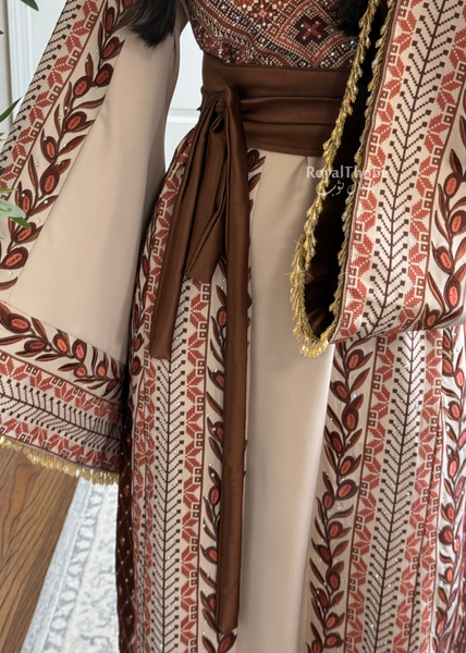 Beige/ Brown Zaytona Branches Full Embroidered Thobe