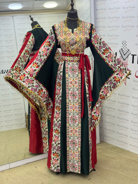 Olive Green & Cream Beige Satin Floral Full Embroidered Thobe with Gold Beaded Fringe Sleeves