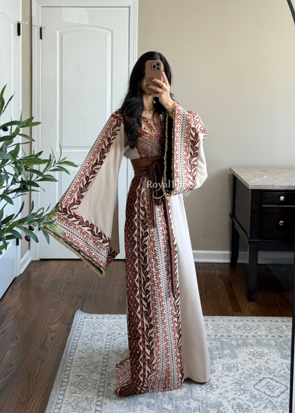 Beige/ Brown Zaytona Branches Full Embroidered Thobe