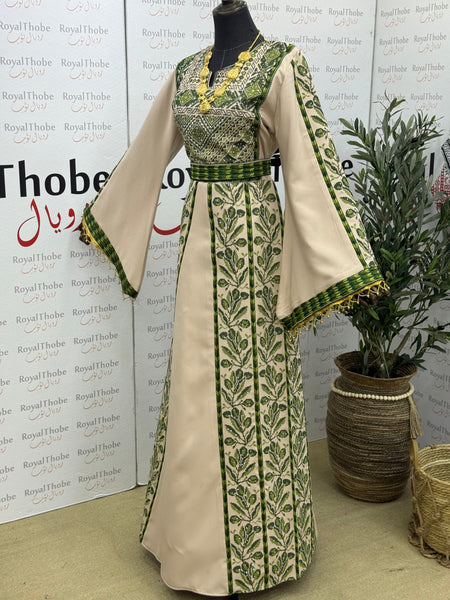 Beige & Olive Green Zaytona Long Full Embroidered Thobe