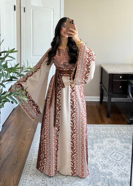 Beige/ Brown Zaytona Branches Full Embroidered Thobe