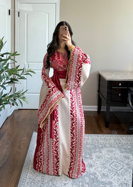 Beige/ Burgundy Zaytona Branches Full Embroidered Thobe