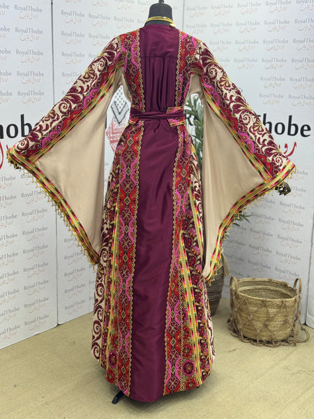 Burgundy & Beige Satin Full Embroidered Thobe with Gold Beaded Fringe Sleeves