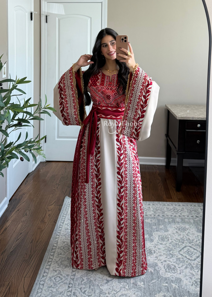 Beige/ Burgundy Zaytona Branches Full Embroidered Thobe