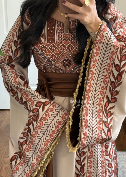 Beige/ Brown Zaytona Branches Full Embroidered Thobe