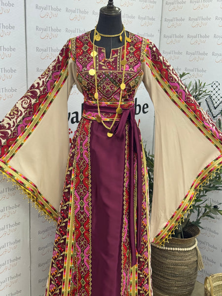 Burgundy & Beige Satin Full Embroidered Thobe with Gold Beaded Fringe Sleeves