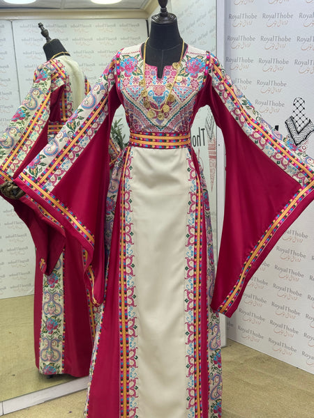 Pink & Cream Beige Satin  Floral Full Embroidered Thobe