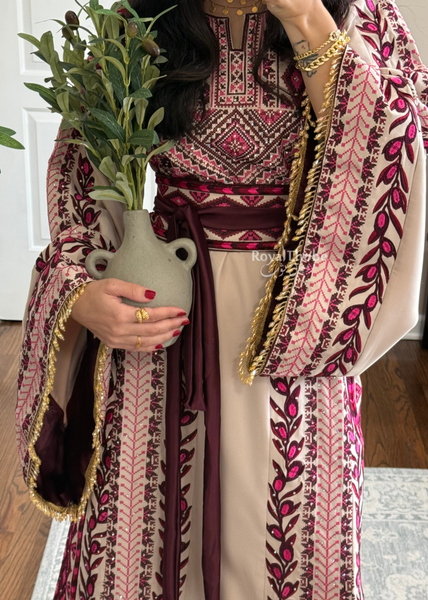 Beige/ Burgundy Zaytona Branches Full Embroidered Thobe